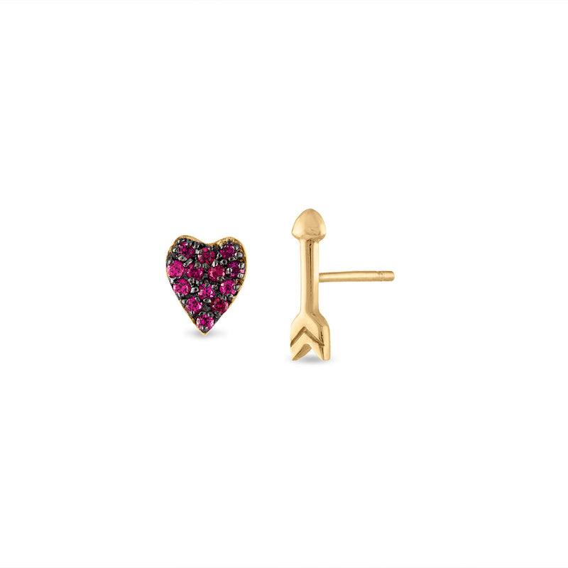 Pave Ruby Heart and Arrow Studs
